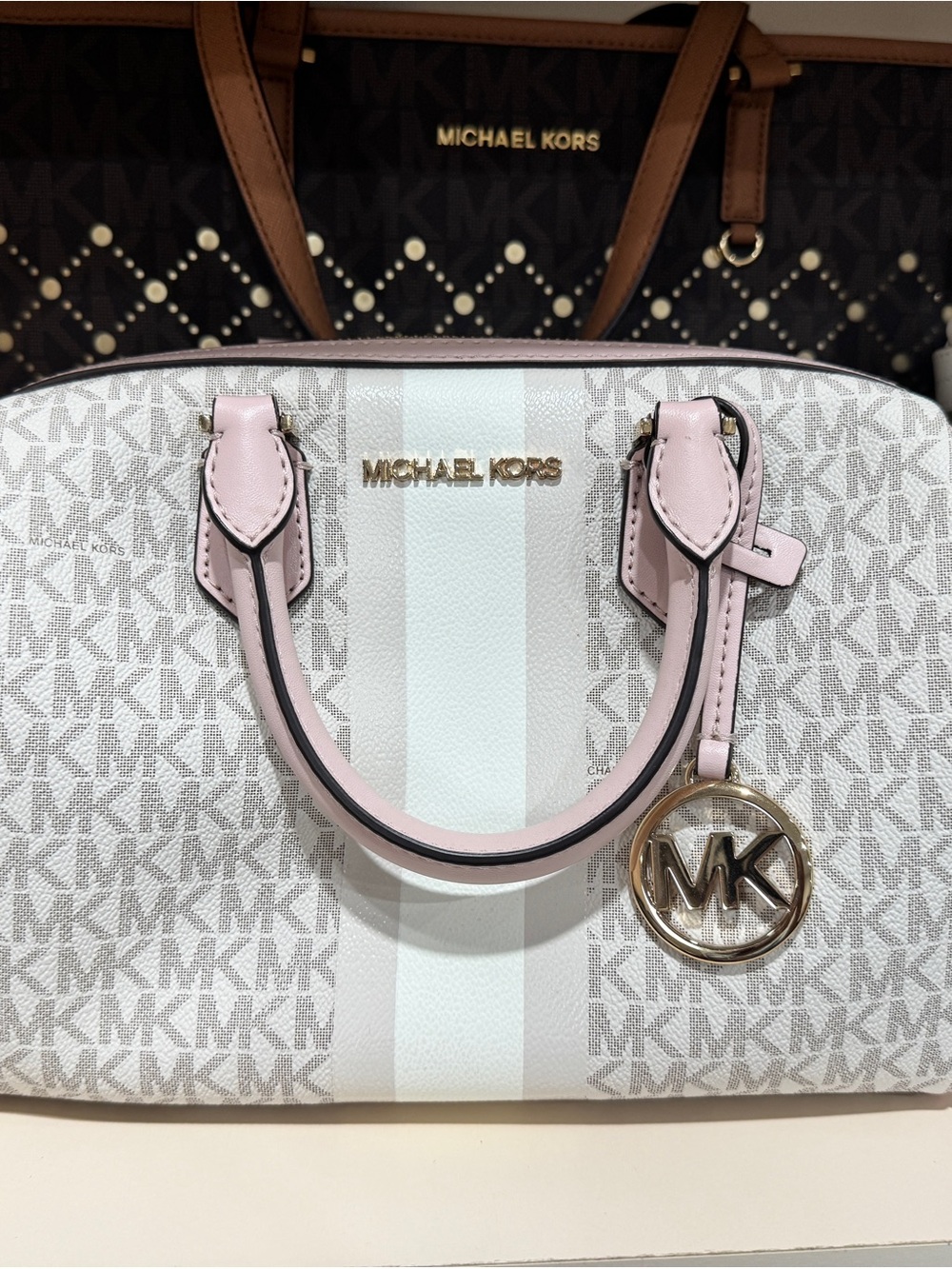 Michael Kors Pink and White Signature Dome Satchel with Gold Charm